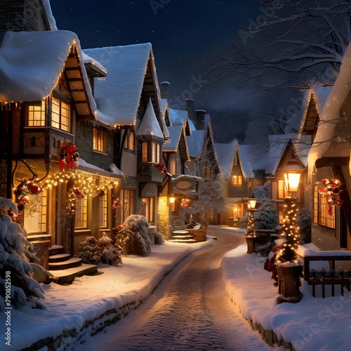 Winter night in a small village with houses and christmas lights.