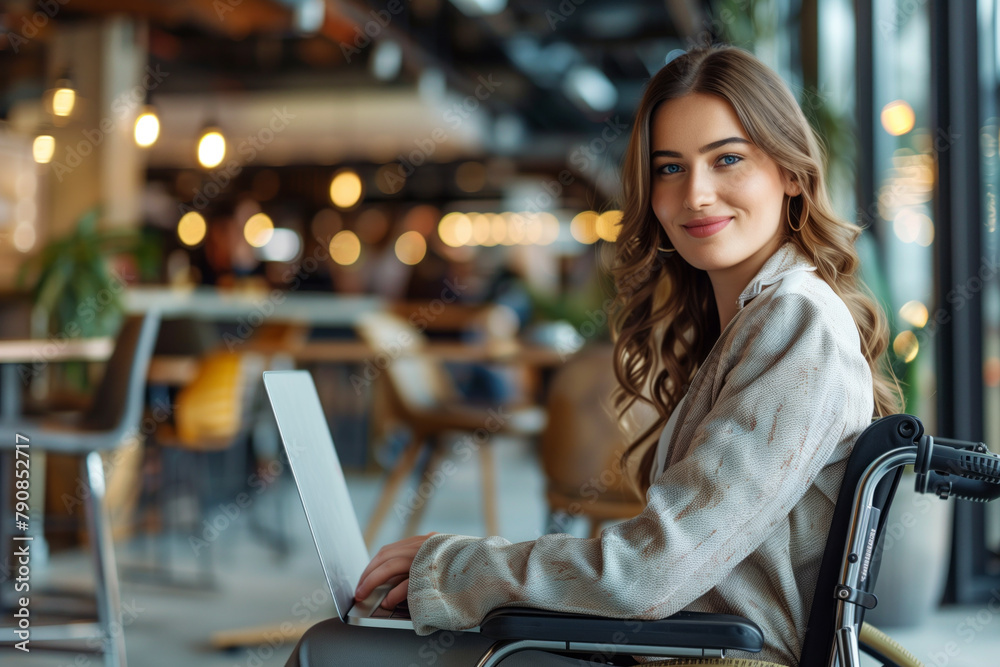 Fototapeta premium Smiling young woman in wheelchair working on laptop in cafe.