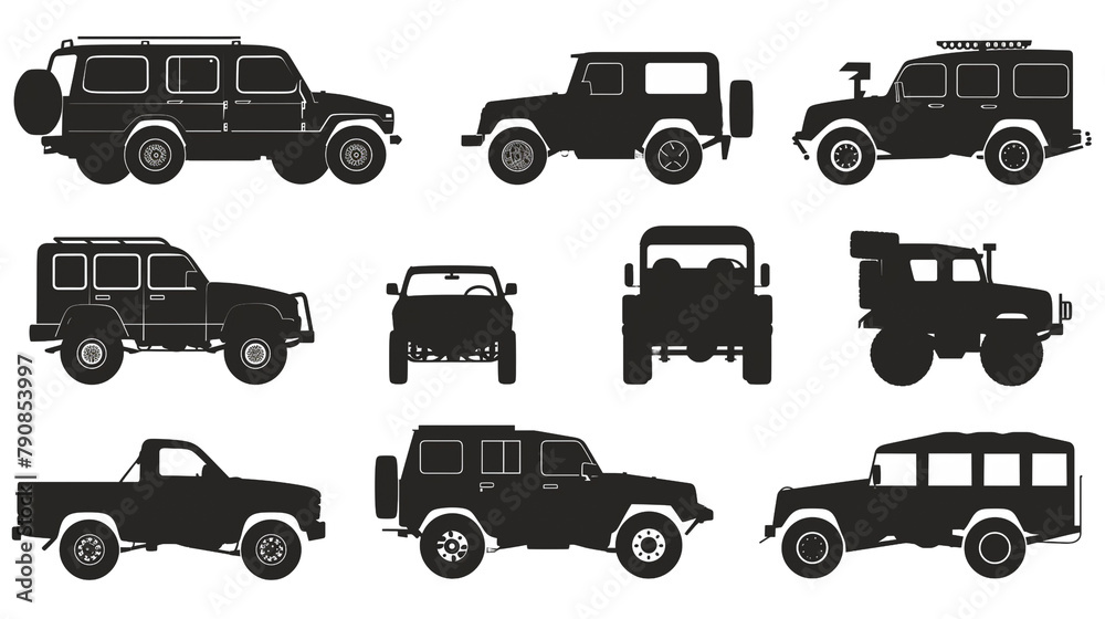 set of simple vehicle silhouettes, isolated on white,  illustration. Simple black car or truck silhouettes, on transparant background. 