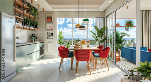 an open kitchen with a white wooden floor, a big window and balcony overlooking the sky in Spain, a dining table with red chairs, plants on shelves, a blue sofa, sunlight coming through the clouds