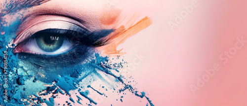 vibrant makeup explosion capturing a close-up of a female eye with colorful eyeshadow and splashes. Copy space. Generative AI		 photo