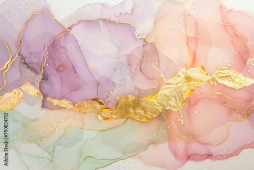 Abstract painting with pastel colors and gold accents.