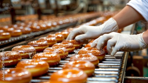 A worker wearing gloves places Krispy Kreme doughnuts on a cooling rack. photo