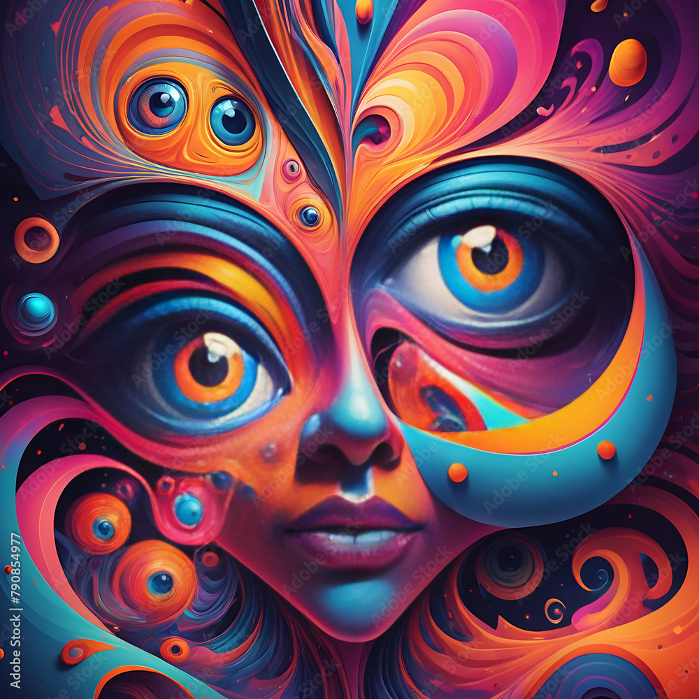 In a mesmerizing display, surreal forms sway in enigmatic hues. Eyes, hearts, and mystical energies intertwine, evoking the essence of the spirit realm. A kaleidoscope of psychedelic art, beckoning vi
