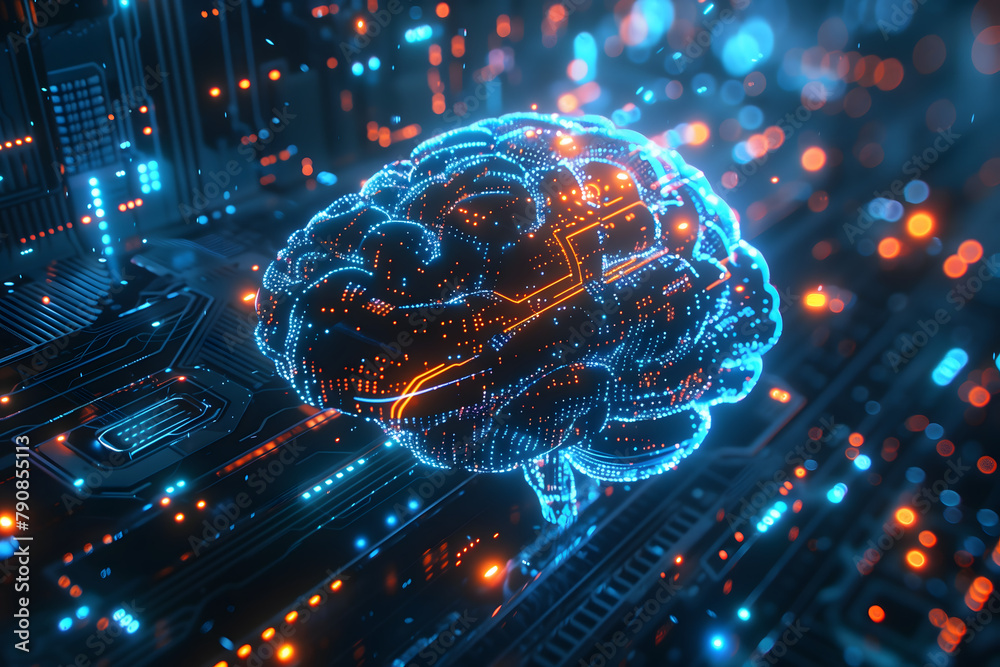 In the vast expanse of cyberspace, a digital brain floats, its neon circuits glowing brightly. The brain's intricate network of circuits extends in all directions In the vast expanse of cyberspace, a digital brain floats, its neon circuits glowing brightly. The brain's intricate network of circuits extends in all directions