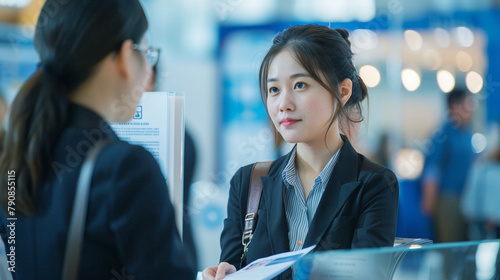 Chinese Woman Handing Resume To Hr Manager - A Confident Woman Hands Her Resume To A Female Hr Manager At A Corporate Job Fair Booth