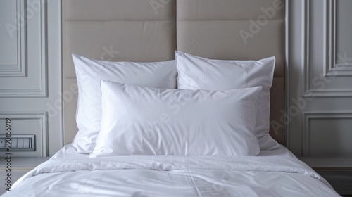 Luxury bedroom interior of white bedding and pillow in hotel room. AI generated image