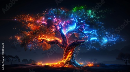 Oak Nature Tree Plexus Neon Black Background Digital Desktop Wallpaper HD 4k Network Light Glowing Laser Motion Bright Abstract