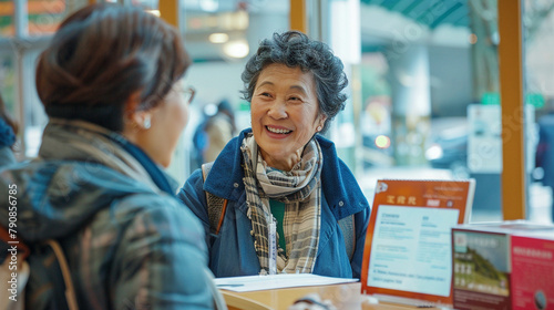 Senior Chinese Woman Consulting At A Job Fair - A Mature Woman, Smiling, Consulting With A Job Fair Volunteer At An Information Desk