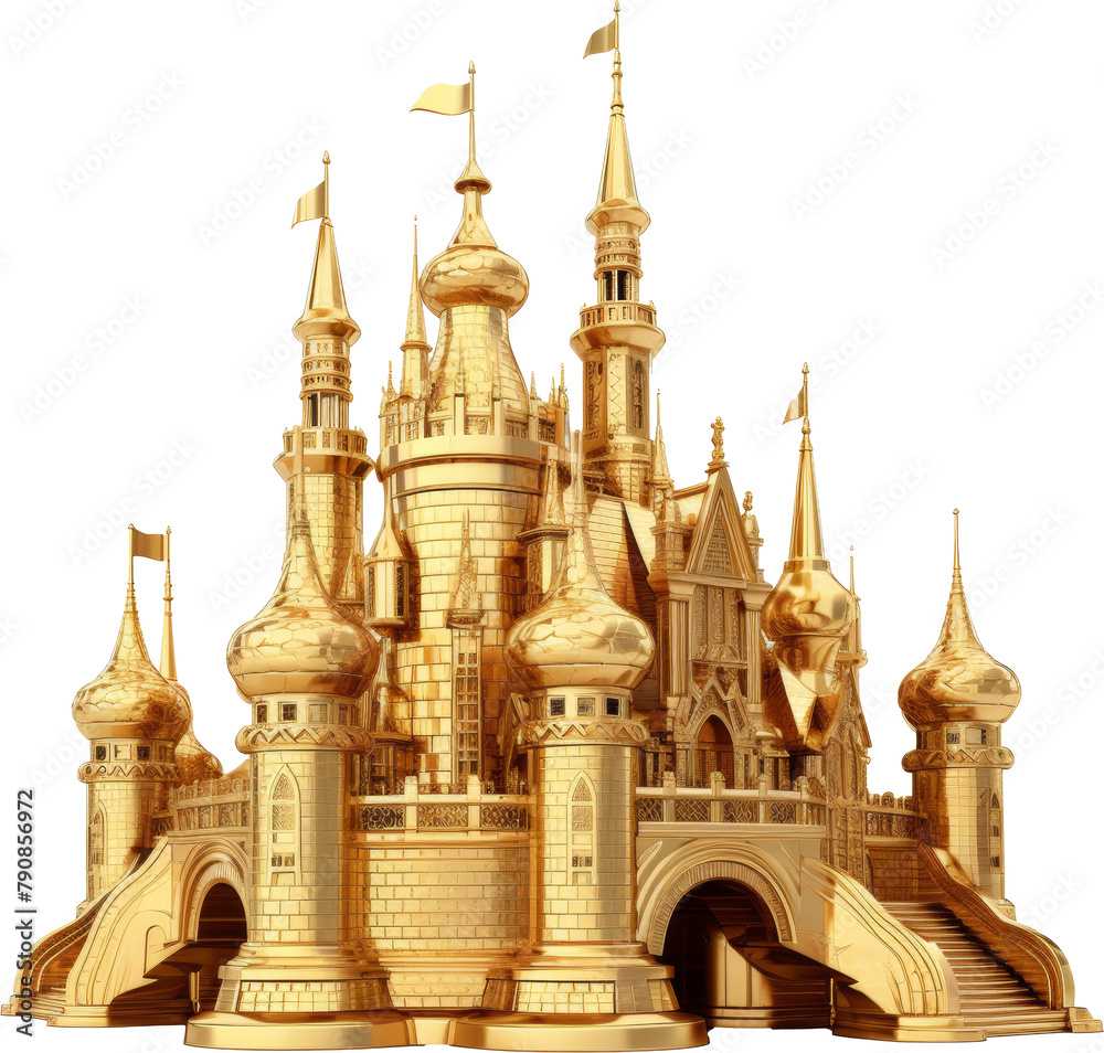 castle made of gold,golden castle isolated on white or transparent background,transparency 