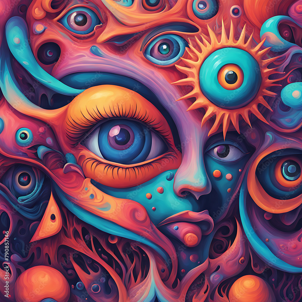 In a mesmerizing display, surreal forms sway in enigmatic hues. Eyes, hearts, and mystical energies intertwine, evoking the essence of the spirit realm. A kaleidoscope of psychedelic art, beckoning vi In a mesmerizing display, surreal forms sway in enigmatic hues. Eyes, hearts, and mystical energies intertwine, evoking the essence of the spirit realm. A kaleidoscope of psychedelic art, beckoning vi