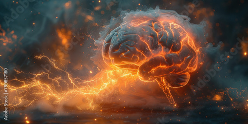 Conceptual illustration of a human brain on fire  representing intense mental activity and creativity