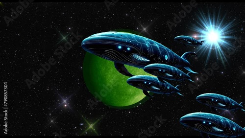 Grupo de 6 baleias estelares cruzando espaço. photo