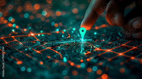 A hand-pointing pin on a glowing green light hologram map, futuristic visualize technology concepts photo