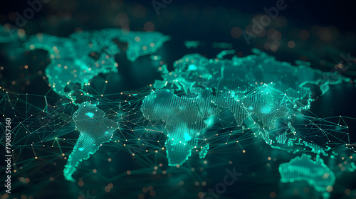 green glowing light hologram world map, showing a connection of many locations, hi-tech digital technology concepts