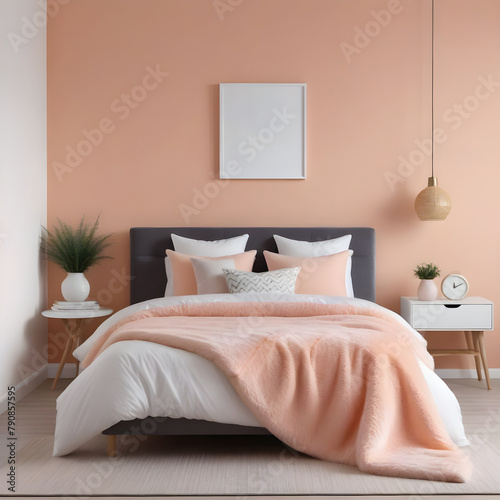 Interior mock-up, cozy girl's peachy fizz bedroom, Scandinavian minimal style, 3d render