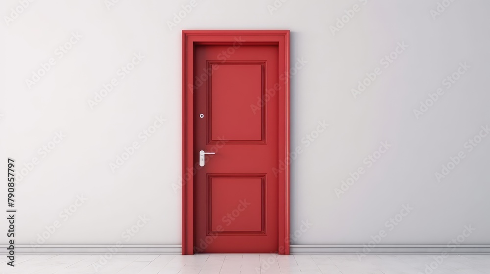 Red simple door on a white background. AI generated.