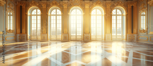 Sunlit Baroque Hall with Gilded Decor and Marble Floors. Copy space. Generative AI 