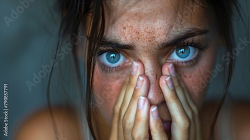 A woman with freckles covering her face and holding a hand to the side of it, AI