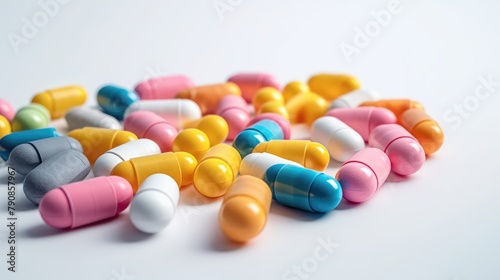 Colored pills on a white background. AI generated.