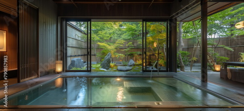 Japanese Hot spring bath. Tradaitonal style architecture ryokan. Wide format. hand edited AI.  © killykoon