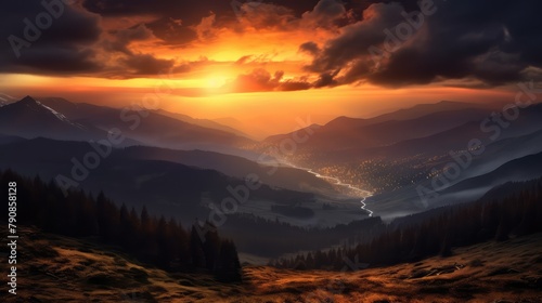 Stunning sunset in the mountains. AI generated.
