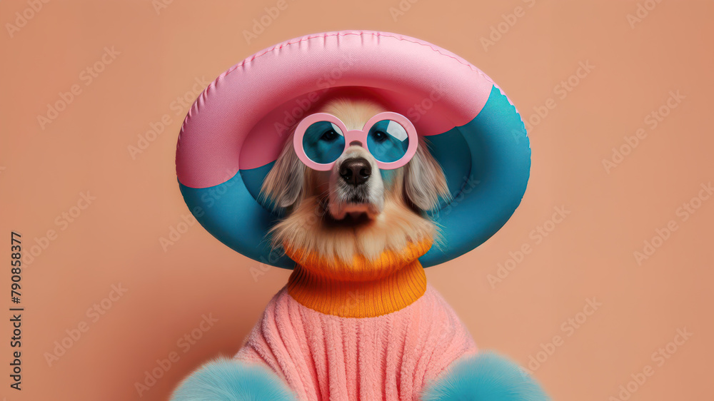 Fototapeta premium Funny dog wearing summer fashion on pastel background with copy space. Summer Vacation Concept.