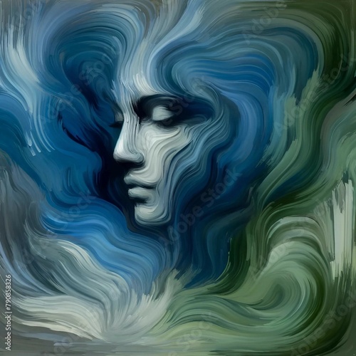 abstract portrait titled  Calm in Chaos  depicting a serene expression using thick  fluid brushstrokes in shades of blue and green
