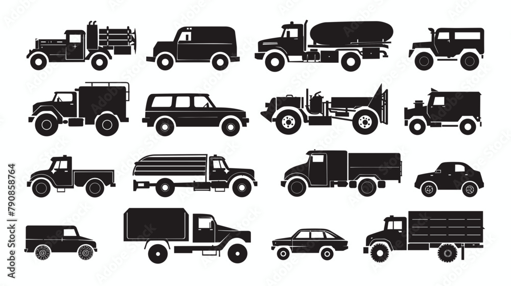 set of simple vehicle silhouettes, isolated on white,  vector illustration. Simple black car or truck silhouettes, on white background. 