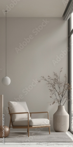 Minimalist interiors decor composition in neutral tones, natural lighting and serene ambients photo