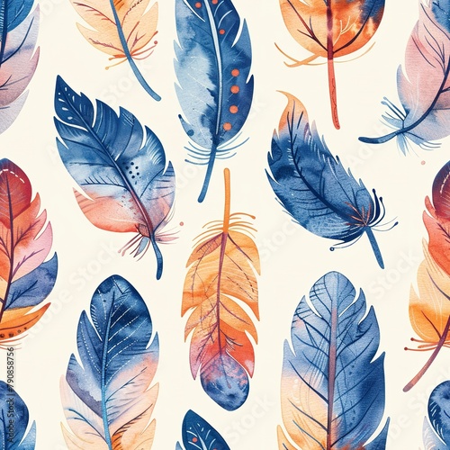 Bohemian seamless pattern featuring watercolor feathers, with intricate details, suitable for stylish wallpaper. Seamless Pattern, Fabric Pattern, Tumbler Wrap, Mug Wrap.
