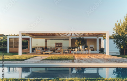 A white wood pavilion with an outdoor dining area and wooden deck, surrounded by green grass near the pool in front of a modern minimalist house. © Kien