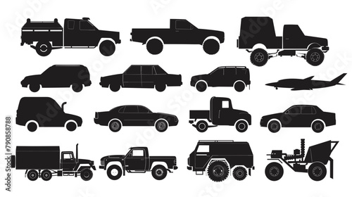 set of simple vehicle silhouettes, isolated on white,  vector illustration. Simple black car or truck silhouettes, on white background. 