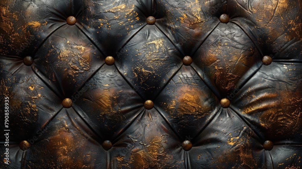 Fototapeta premium Close-up of a luxurious black leather tufted upholstery with intricate golden patterns and buttons.