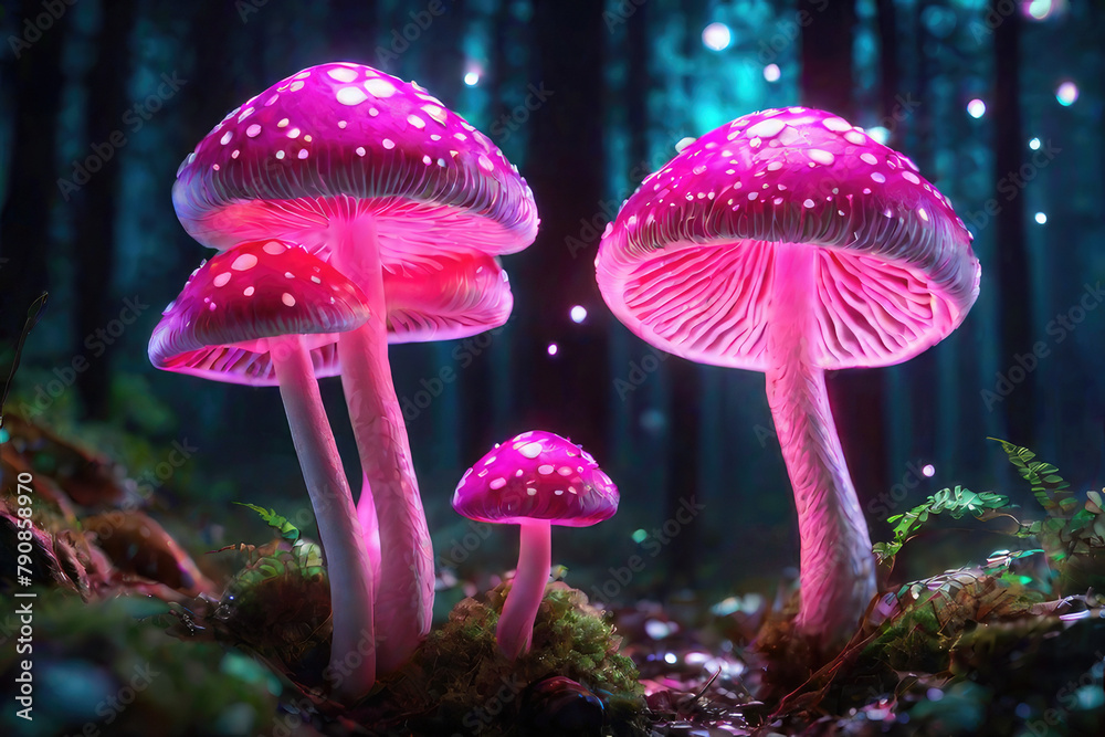 Fototapeta premium Generative AI, Beautiful and awesome neon colorful mushrooms, Magical views of neon colorful mushrooms, Beautiful view of neon colorful mushrooms in the thickets of forest bushes, small neon mushrooms