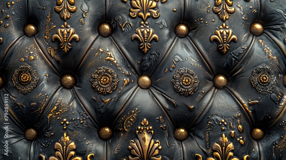 Naklejka premium Close-up of a luxurious black leather tufted upholstery with intricate golden patterns and buttons.