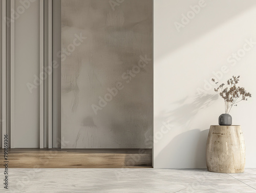 Minimalist interiors decor composition in neutral tones, natural lighting and serene ambients photo