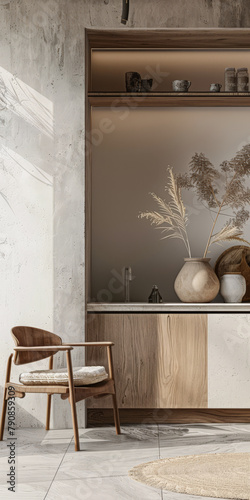 Minimalist interiors decor composition in neutral tones, natural lighting and serene ambients photo