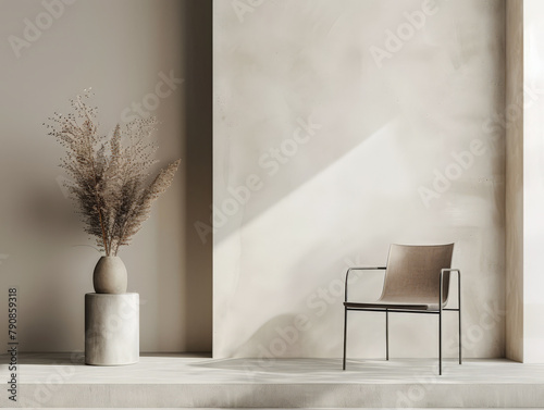 Minimalist interiors decor composition in neutral tones, natural lighting and serene ambients photo