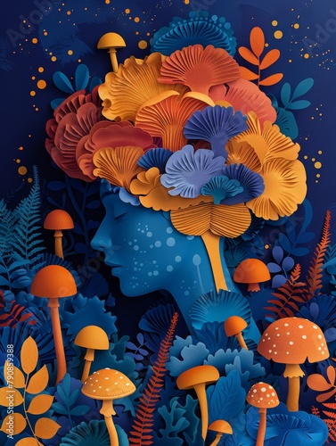 A woman's head is made of mushrooms and leaves. The woman is sleeping