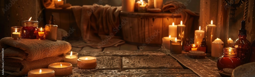 Candles are lit in a rustic setting with towels and bottles. Hammam background . Banner
