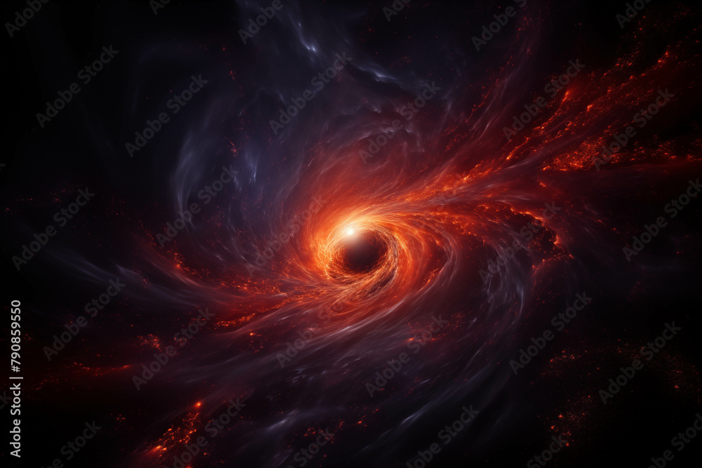 A black hole with a glowing constellation of various colors revolves around a black hole in the universe.