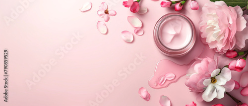 top view of pink beauty care products and flowers on pastel background. Copy space. Generative AI