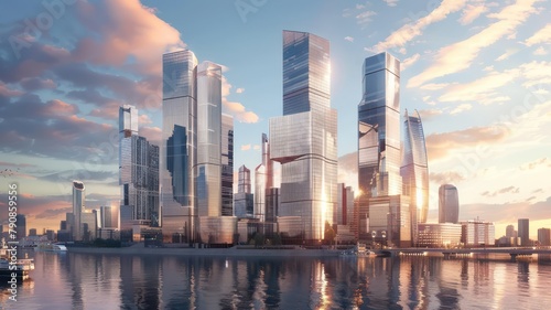 Skyline with modern skyscarpers with clean glass facades as background created with Generative AI