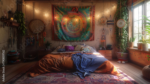 A bohemian kingsize bedroom with colorful tapestries, dreamcatchers, and string lights. photo