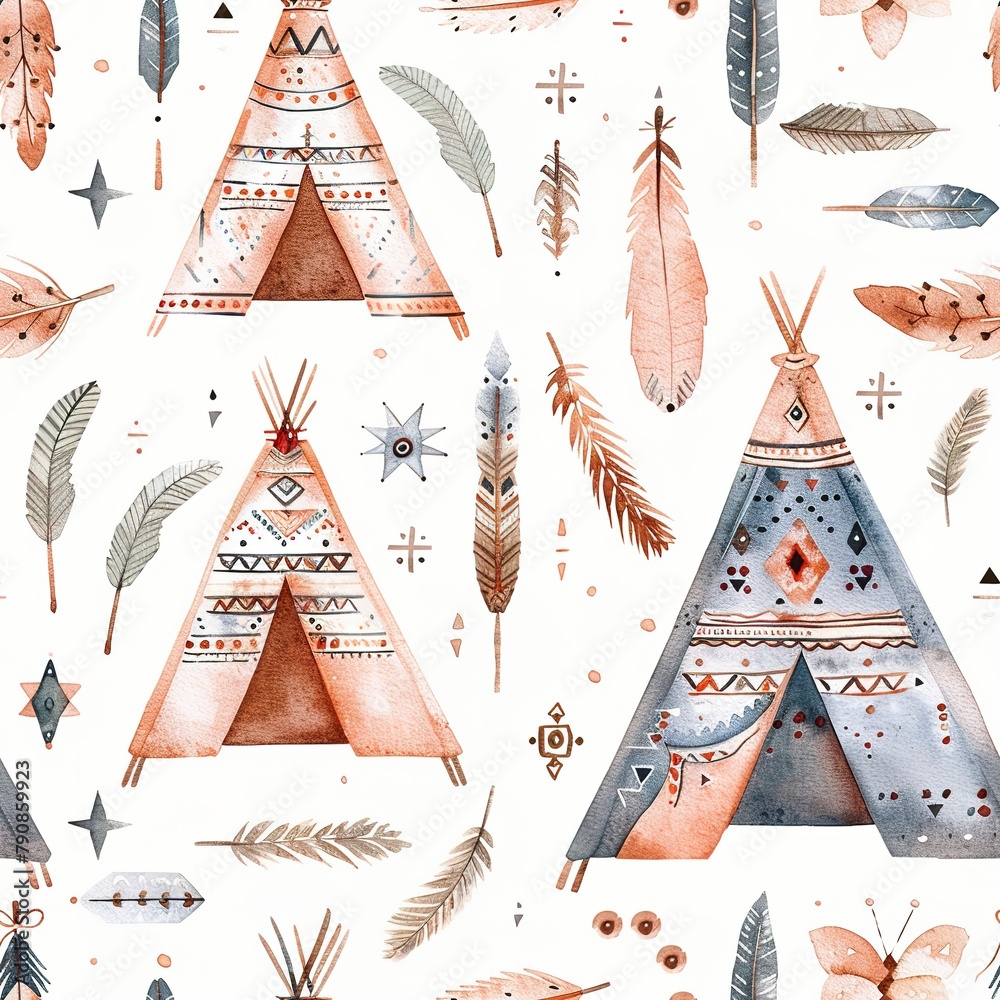 Watercolor seamless pattern with boho arrows, teepees, and geometric ...