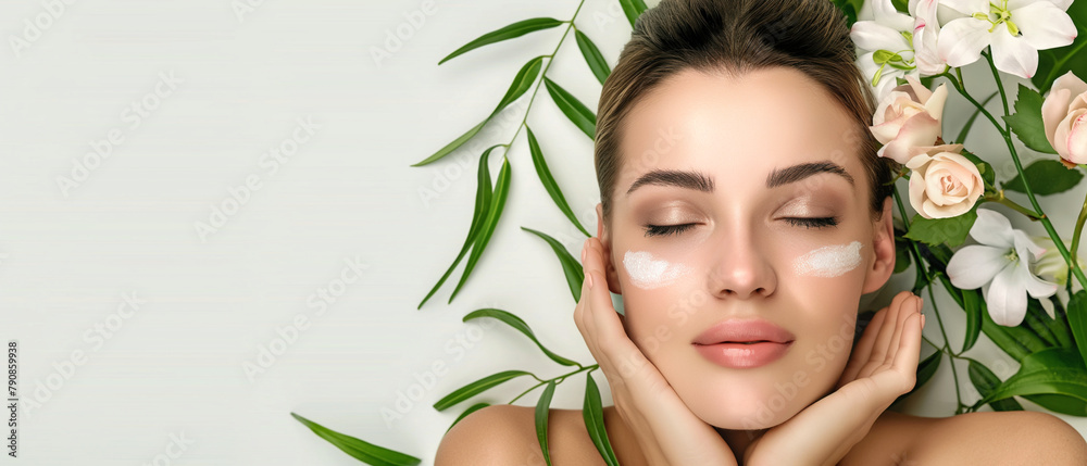 serene beauty with moisturizer against a backdrop of fresh flowers and green leaves. Copy space. Generative AI serene beauty with moisturizer against a backdrop of fresh flowers and green leaves. Copy space. Generative AI