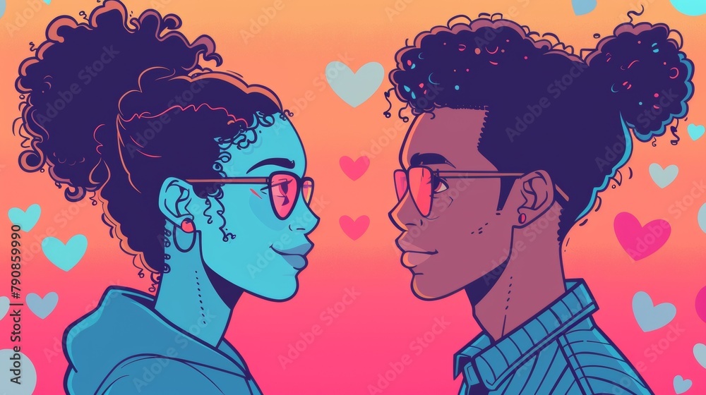 A couple of people with glasses looking at each other, AI A couple of people with glasses looking at each other, AI