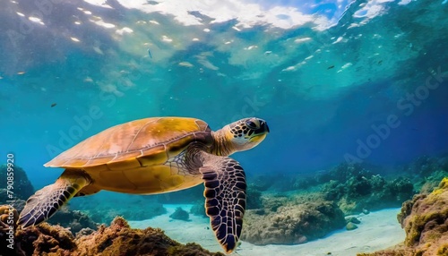 Underwater photographs of swimming sea turtles. Generated with AI