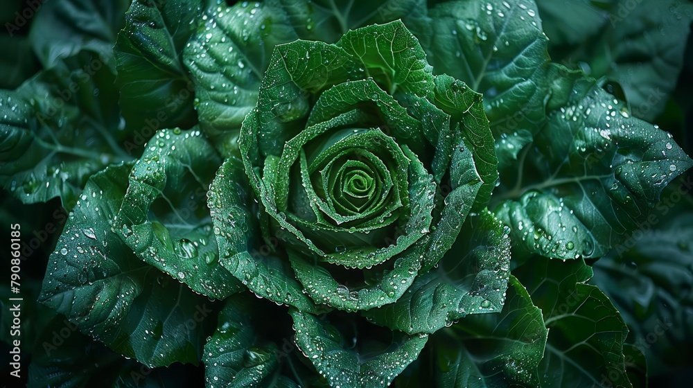 Obraz premium A tight shot of a lush green plant, adorned with water droplets on its foliage, and a prominent wet center